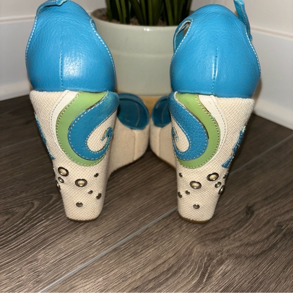 Prada Seahorse Wedge Platform Sandals Leather Green Blue - Picture 7 of 14